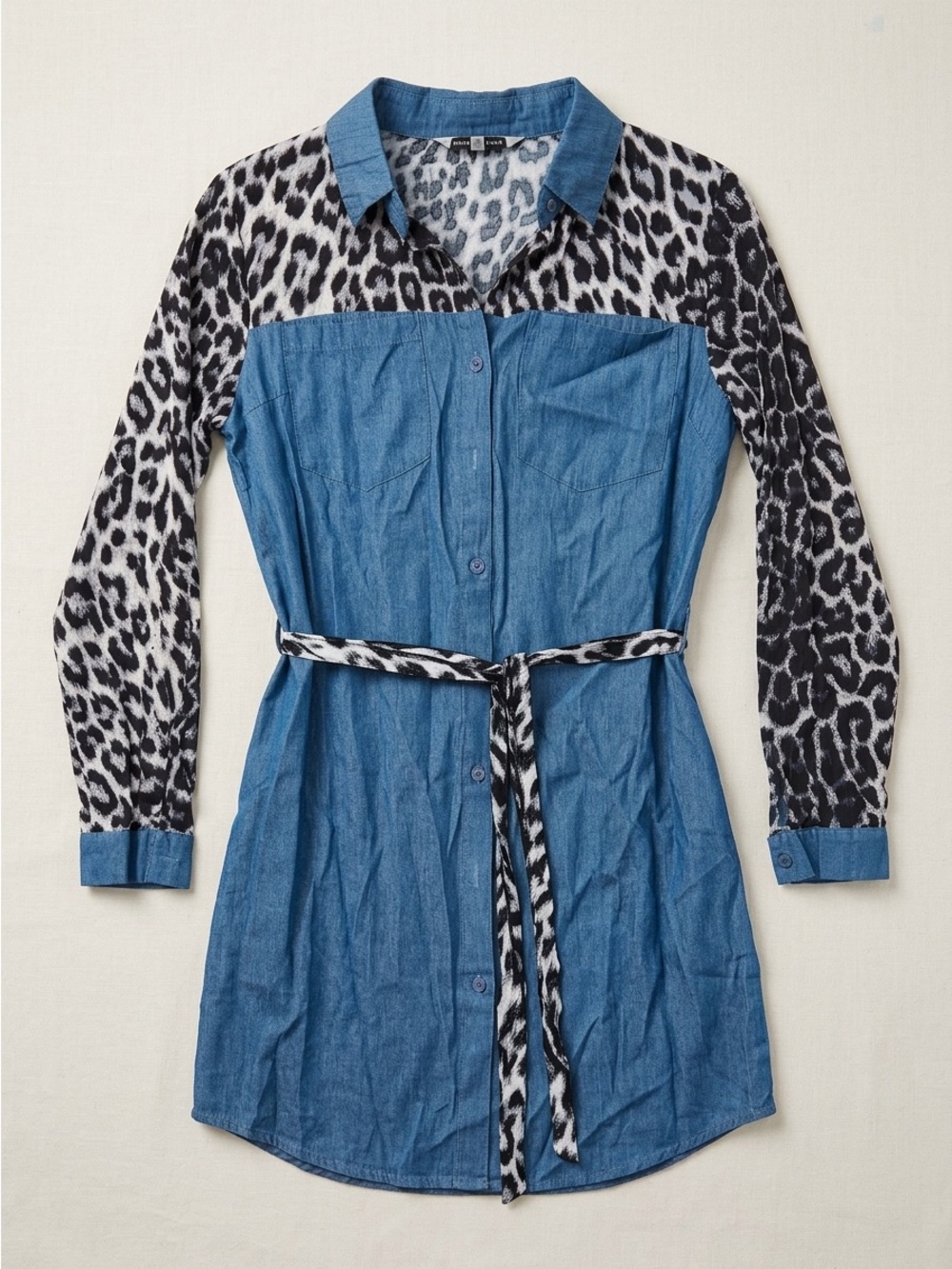 Lightweight Denim Shirt Dress with Black & White Leopard Print - Various Sizes
